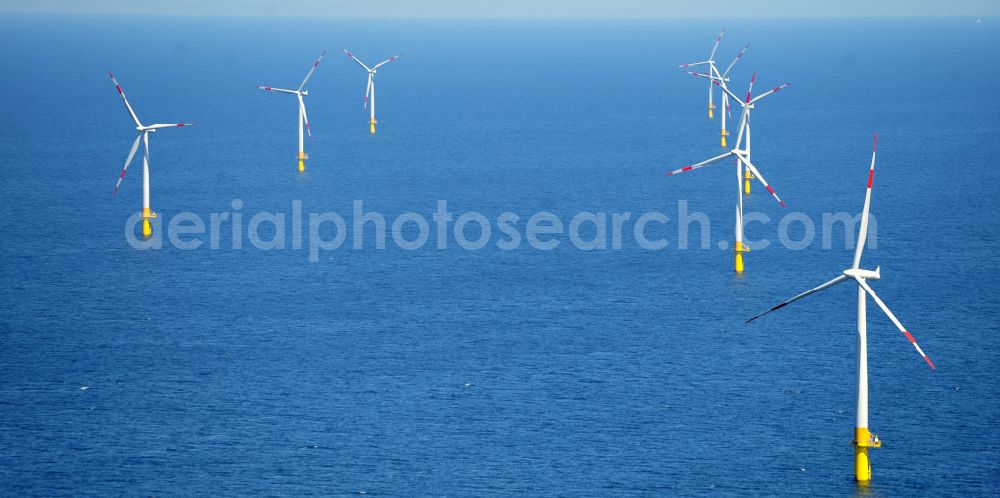 Zingst from the bird's eye view: Wind turbines of the offshore wind farm EnBW Baltic 1 on the water surface of Baltic Sea in Zingst in the state Mecklenburg - Western Pomerania, Germany