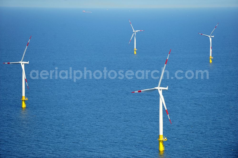 Aerial image Zingst - Wind turbines of the offshore wind farm EnBW Baltic 1 on the water surface of Baltic Sea in Zingst in the state Mecklenburg - Western Pomerania, Germany