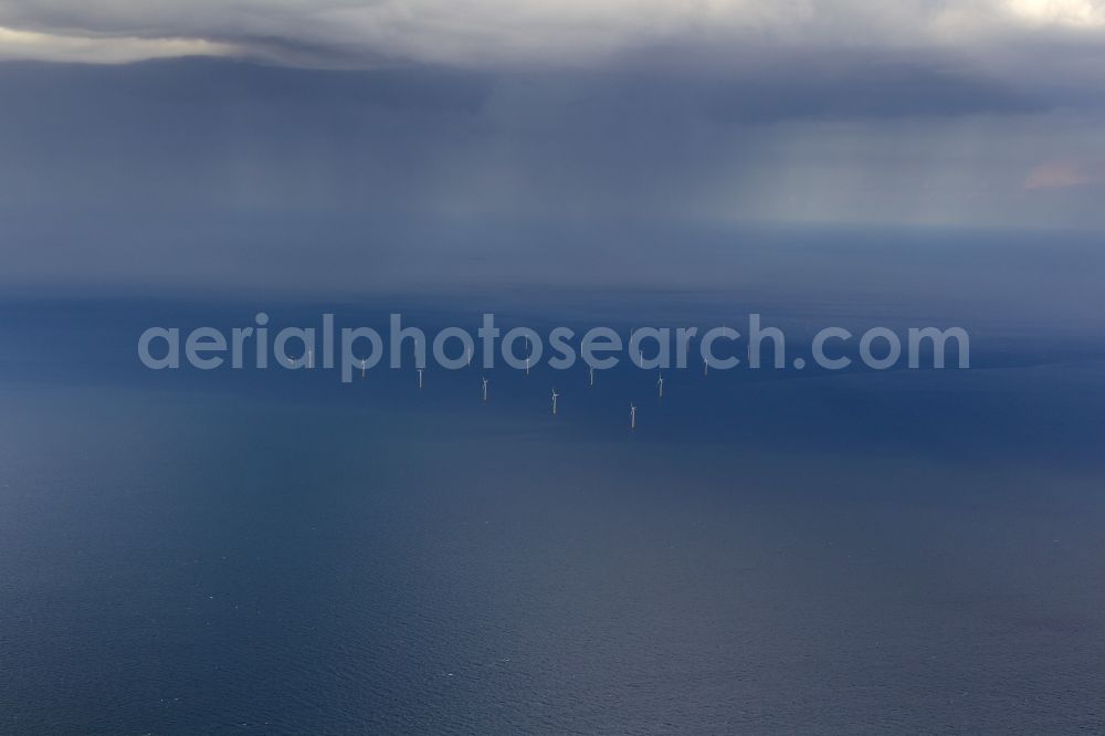 Aerial photograph Zingst - Wind turbines of the offshore wind farm EnBW Baltic 1 on the water surface of Baltic Sea in Zingst auf der Ostsee in the state Mecklenburg - Western Pomerania, Germany