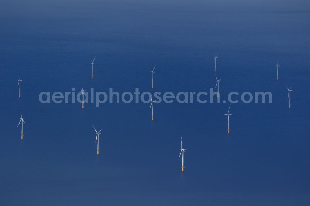 Zingst from the bird's eye view: Wind turbines of the offshore wind farm EnBW Baltic 1 on the water surface of Baltic Sea in Zingst auf der Ostsee in the state Mecklenburg - Western Pomerania, Germany