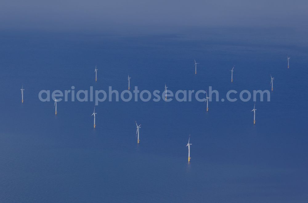 Aerial image Zingst - Wind turbines of the offshore wind farm EnBW Baltic 1 on the water surface of Baltic Sea in Zingst auf der Ostsee in the state Mecklenburg - Western Pomerania, Germany