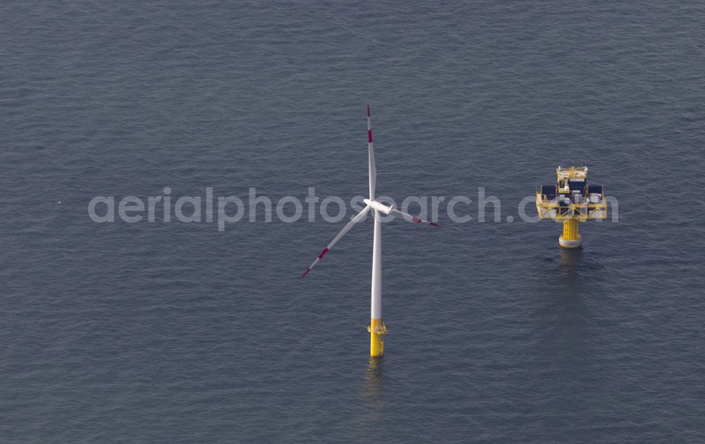 Zingst from the bird's eye view: Wind turbines of the offshore wind farm EnBW Baltic 1 on the water surface of Baltic Sea in Zingst auf der Ostsee in the state Mecklenburg - Western Pomerania, Germany