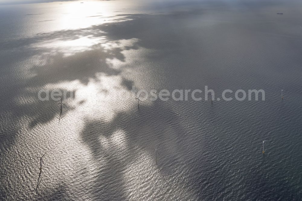 Aerial image Zingst - Wind turbines of the offshore wind farm EnBW Baltic 1 on the water surface of Baltic Sea in Zingst auf der Ostsee in the state Mecklenburg - Western Pomerania, Germany