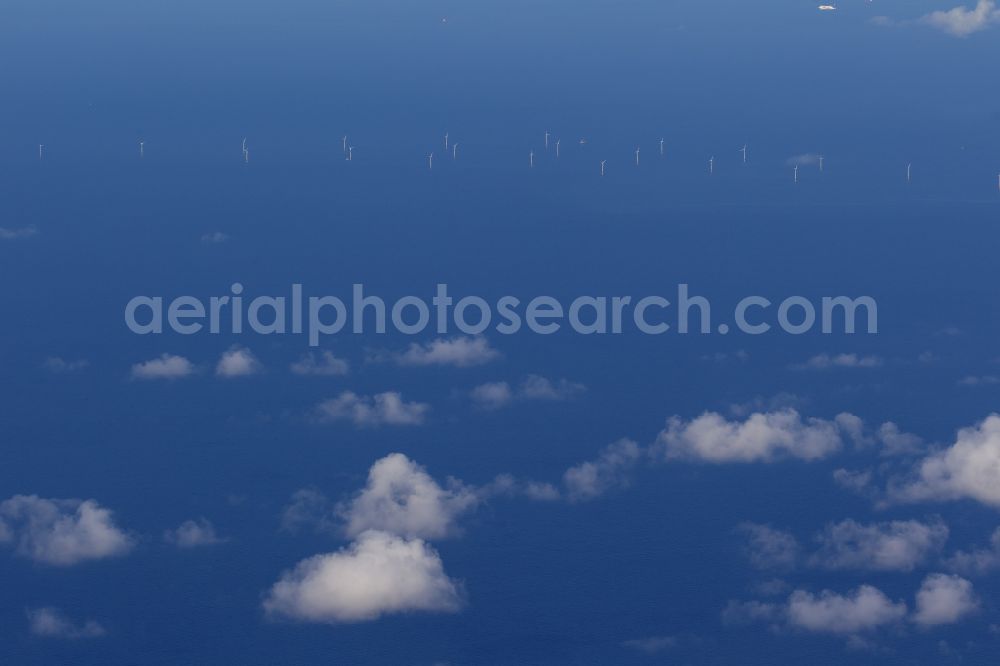 Aerial image Zingst - Wind turbines of the offshore wind farm EnBW Baltic 1 on the water surface of Baltic Sea in Zingst auf der Ostsee in the state Mecklenburg - Western Pomerania, Germany