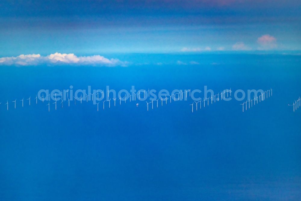 Aerial image Sylt - Wind energy plants (WEA) of the offshore wind farm on the water surface of the North Sea in front of the island of Sylt in the state Schleswig-Holstein, Germany