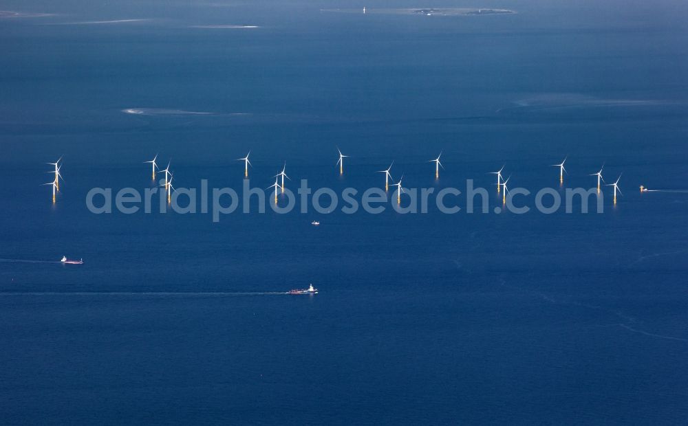 Nordergründe from the bird's eye view: Wind turbines of the offshore wind farm on the water surface of North Sea in Nordergruende in the state Lower Saxony, Germany