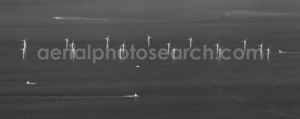 Aerial photograph Nordergründe - Wind turbines of the offshore wind farm on the water surface of North Sea in Nordergruende in the state Lower Saxony, Germany