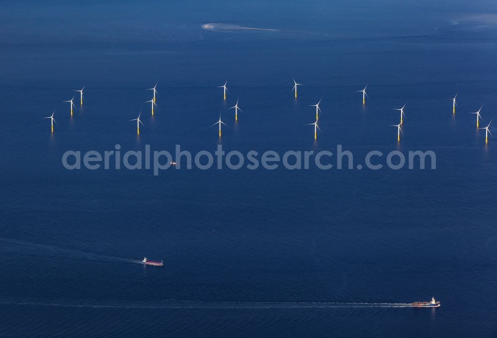 Nordergründe from the bird's eye view: Wind turbines of the offshore wind farm on the water surface of North Sea in Nordergruende in the state Lower Saxony, Germany