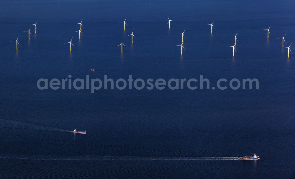 Aerial image Nordergründe - Wind turbines of the offshore wind farm on the water surface of North Sea in Nordergruende in the state Lower Saxony, Germany