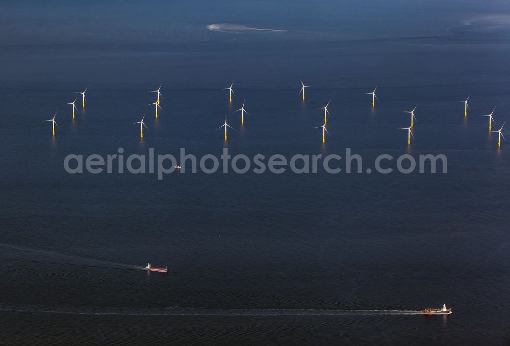 Aerial photograph Nordergründe - Wind turbines of the offshore wind farm on the water surface of North Sea in Nordergruende in the state Lower Saxony, Germany