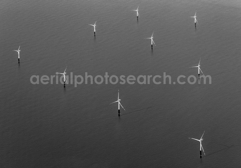 Nordergründe from the bird's eye view: Wind turbines of the offshore wind farm on the water surface of North Sea in Nordergruende in the state Lower Saxony, Germany