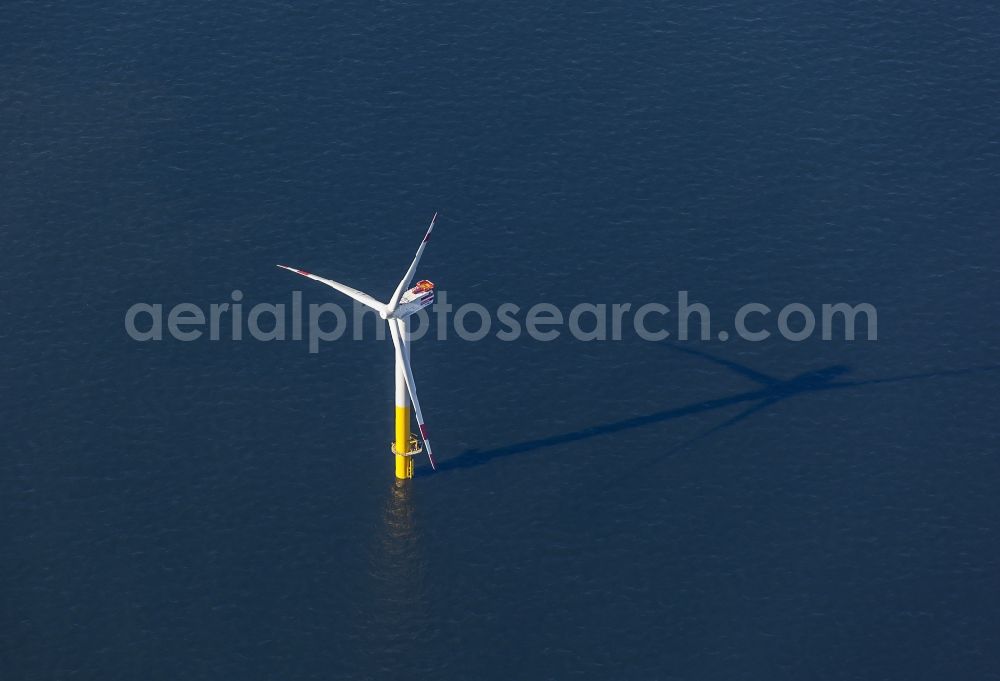 Aerial image Nordergründe - Wind turbines of the offshore wind farm on the water surface of North Sea in Nordergruende in the state Lower Saxony, Germany