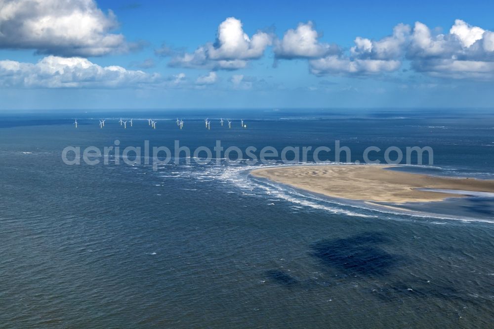 Wangerooge from the bird's eye view: Wind turbines of the offshore wind farm on the water surface of North Sea in Nordergruende in the state Lower Saxony, Germany