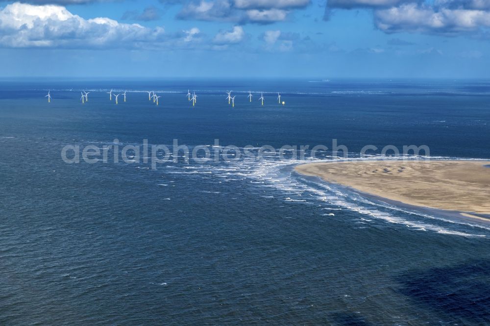 Aerial image Wangerooge - Wind turbines of the offshore wind farm on the water surface of North Sea in Nordergruende in the state Lower Saxony, Germany