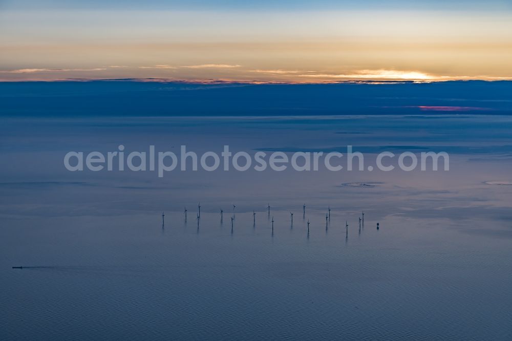 Nordergründe from the bird's eye view: Wind turbines of the offshore wind farm on the water surface of North Sea in Nordergruende in the state Lower Saxony, Germany