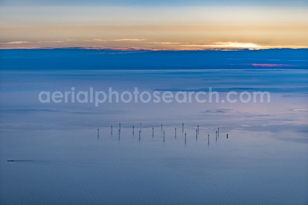 Aerial image Nordergründe - Wind turbines of the offshore wind farm on the water surface of North Sea in Nordergruende in the state Lower Saxony, Germany