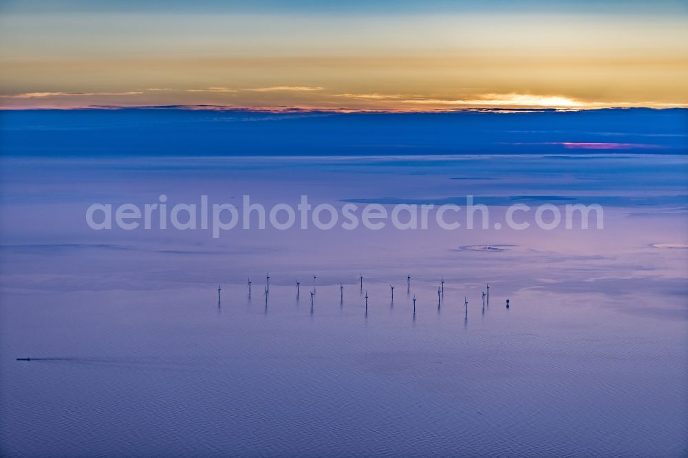 Aerial photograph Nordergründe - Wind turbines of the offshore wind farm on the water surface of North Sea in Nordergruende in the state Lower Saxony, Germany