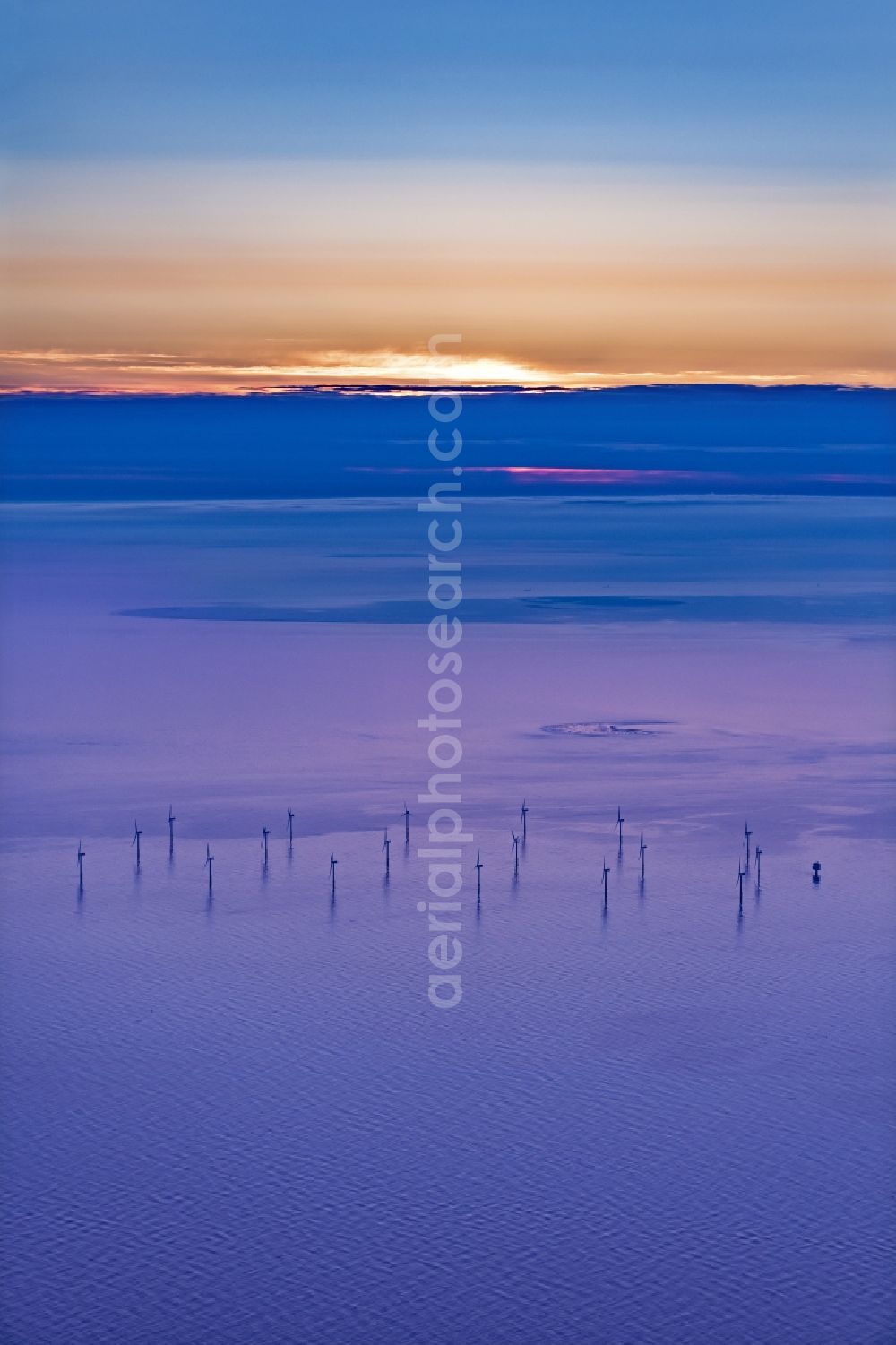 Nordergründe from above - Wind turbines of the offshore wind farm on the water surface of North Sea in Nordergruende in the state Lower Saxony, Germany