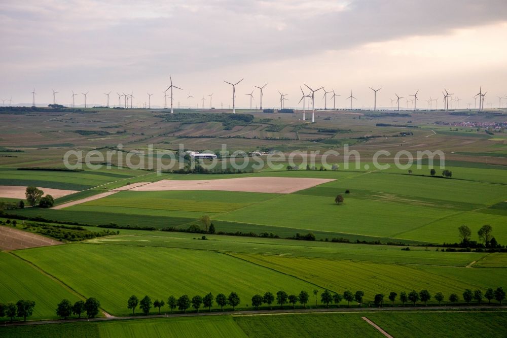 Aerial image Gau-Odernheim - Wind turbine windmills on a hill in Gau-Odernheim in the state Rhineland-Palatinate