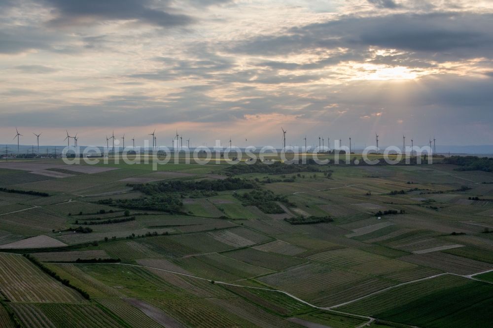 Aerial photograph Gau-Odernheim - Wind turbine windmills on a hill in Gau-Odernheim in the state Rhineland-Palatinate