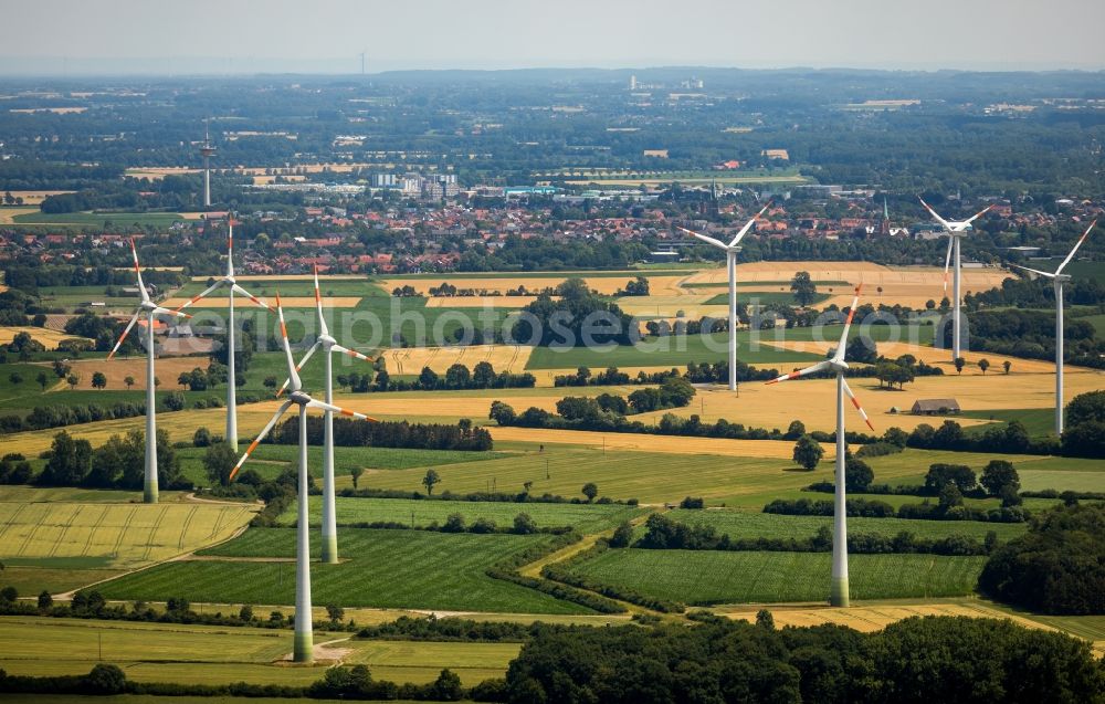 Aerial photograph Albersloh - Wind turbine windmills on a field in Albersloh in the state North Rhine-Westphalia, Germany