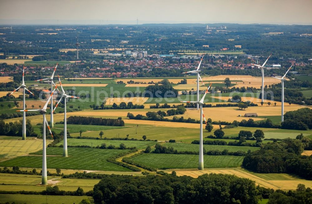 Albersloh from above - Wind turbine windmills on a field in Albersloh in the state North Rhine-Westphalia, Germany