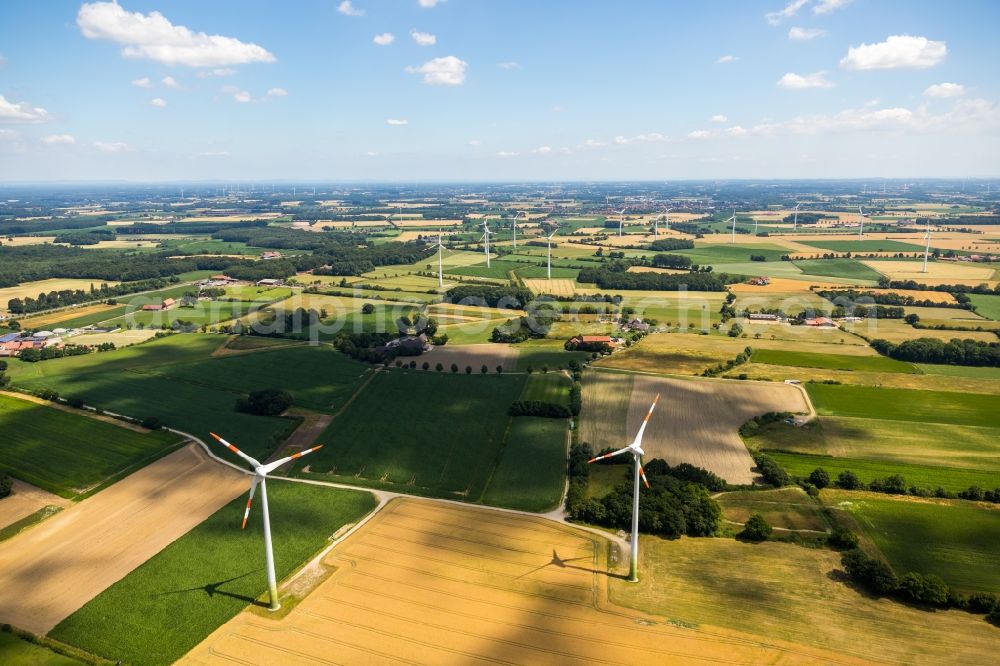 Albersloh from the bird's eye view: Wind turbine windmills on a field in Albersloh in the state North Rhine-Westphalia, Germany