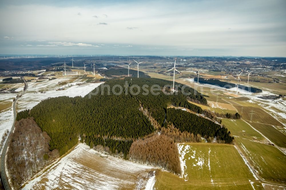 Aerial photograph Altenbüren - Wind turbine windmills on a field in Altenbueren in the state North Rhine-Westphalia, Germany