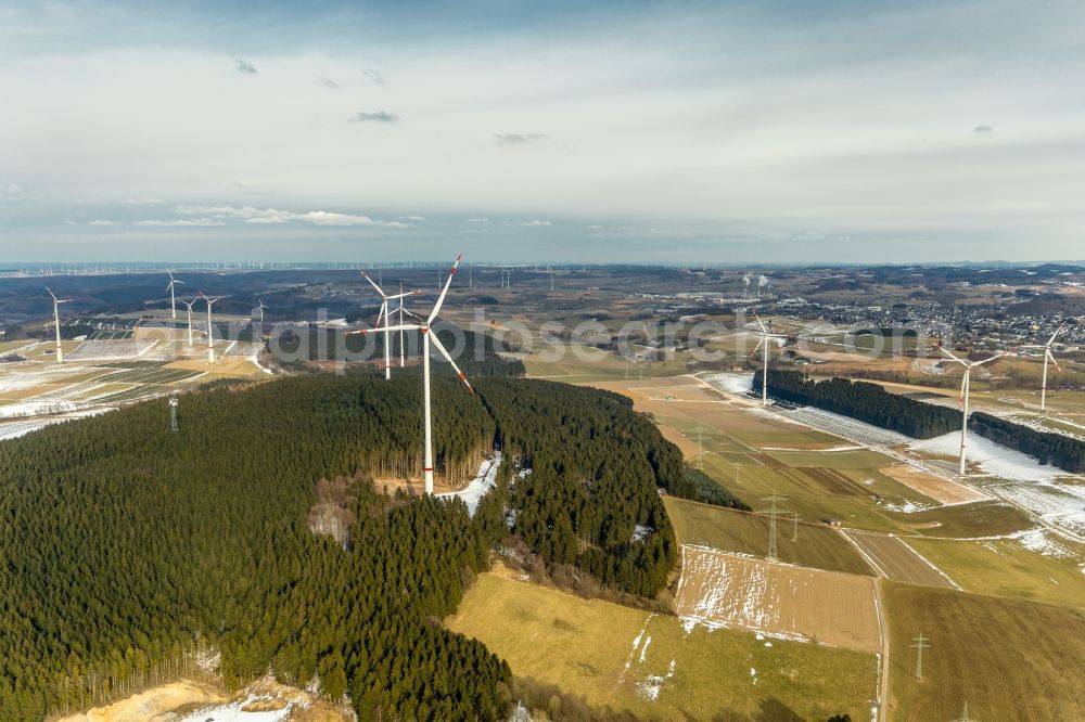 Altenbüren from above - Wind turbine windmills on a field in Altenbueren in the state North Rhine-Westphalia, Germany