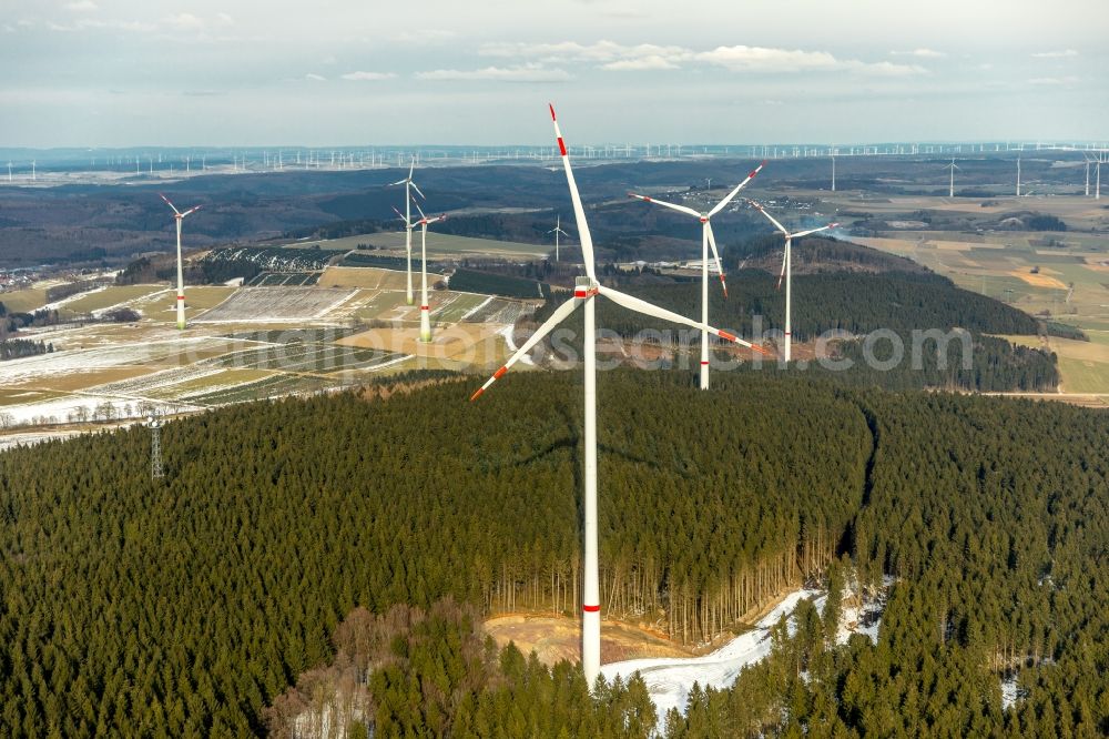 Altenbüren from the bird's eye view: Wind turbine windmills on a field in Altenbueren in the state North Rhine-Westphalia, Germany