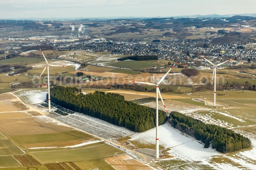 Aerial image Altenbüren - Wind turbine windmills on a field in Altenbueren in the state North Rhine-Westphalia, Germany