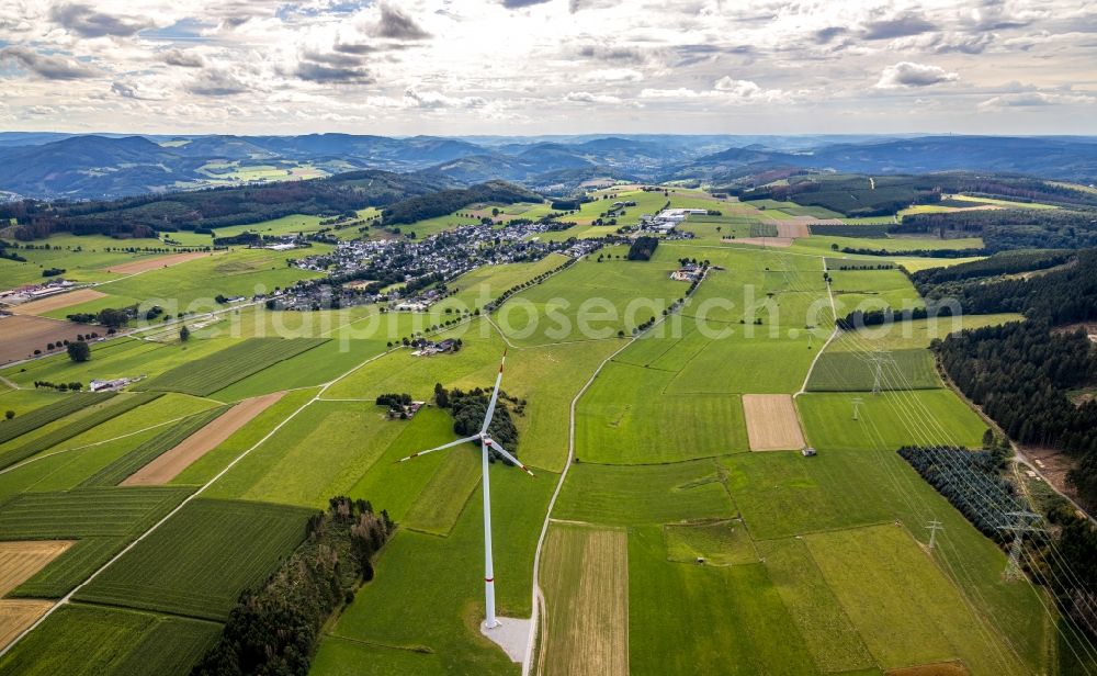 Aerial photograph Altenbüren - Wind turbine windmills on a field in Altenbueren in the state North Rhine-Westphalia, Germany