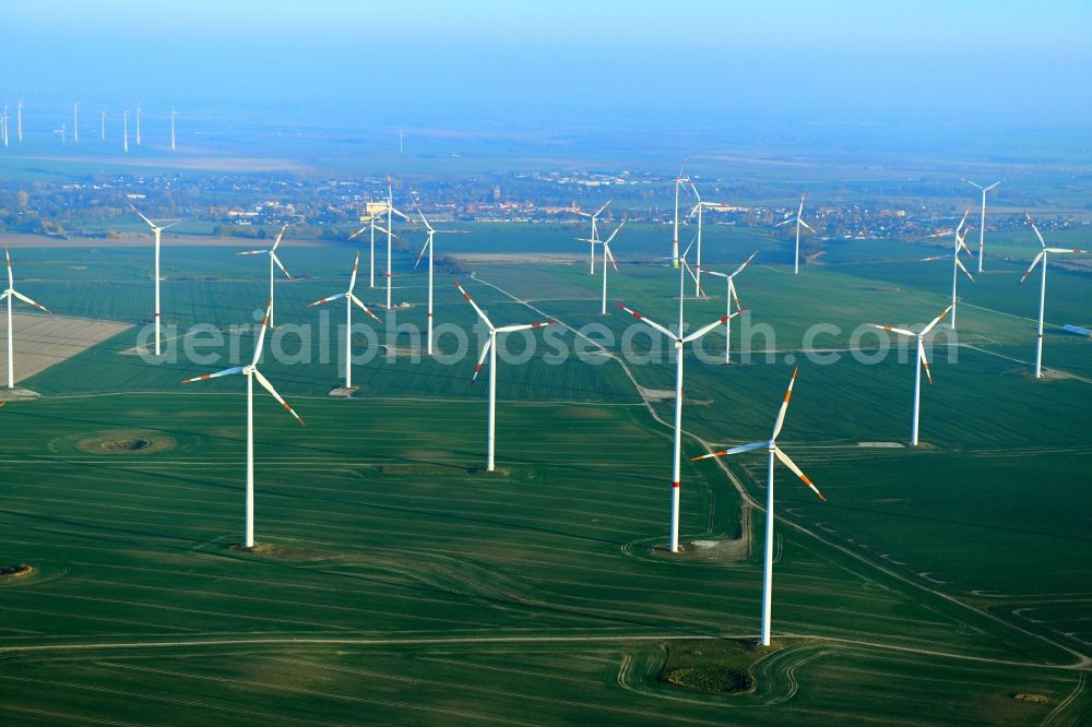 Altentreptow from above - Wind turbine windmills on a field in Altentreptow in the state Mecklenburg - Western Pomerania, Germany