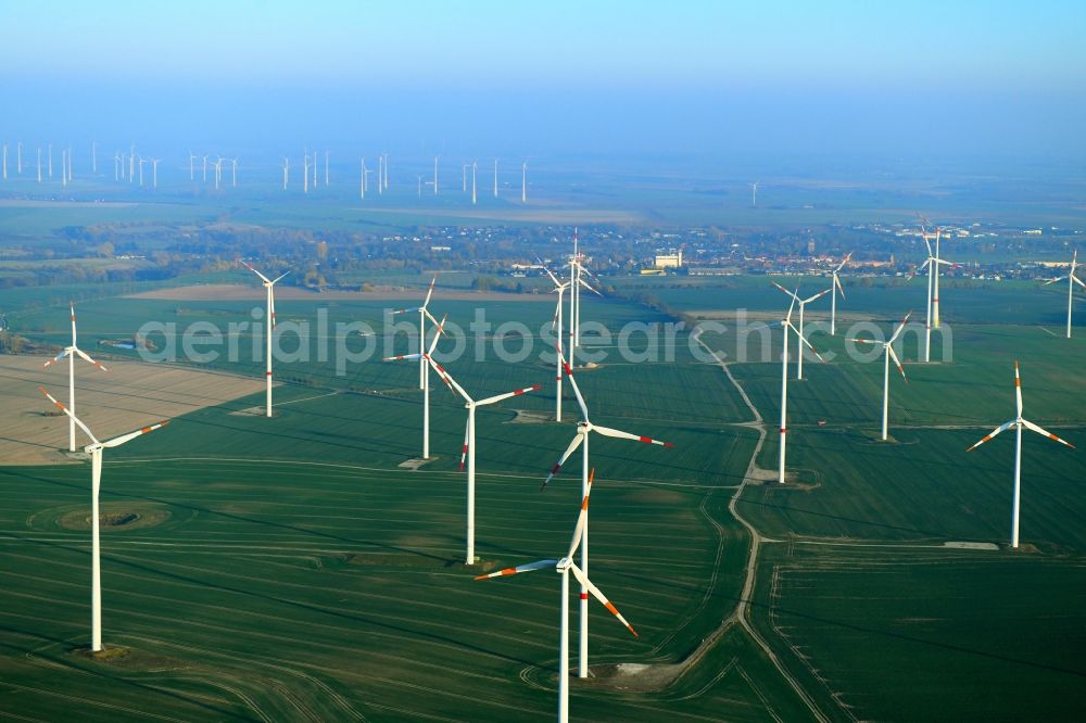 Altentreptow from the bird's eye view: Wind turbine windmills on a field in Altentreptow in the state Mecklenburg - Western Pomerania, Germany