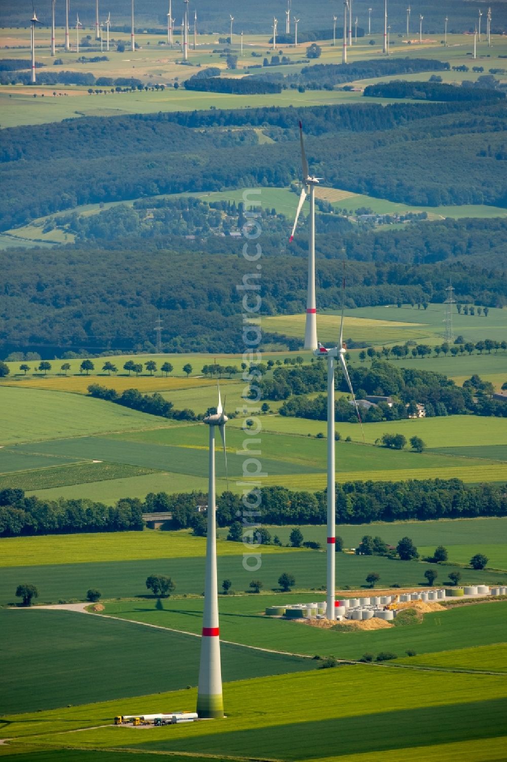 Bad Wünnenberg from above - Wind turbine windmills on a field in Bad Wuennenberg in the state North Rhine-Westphalia