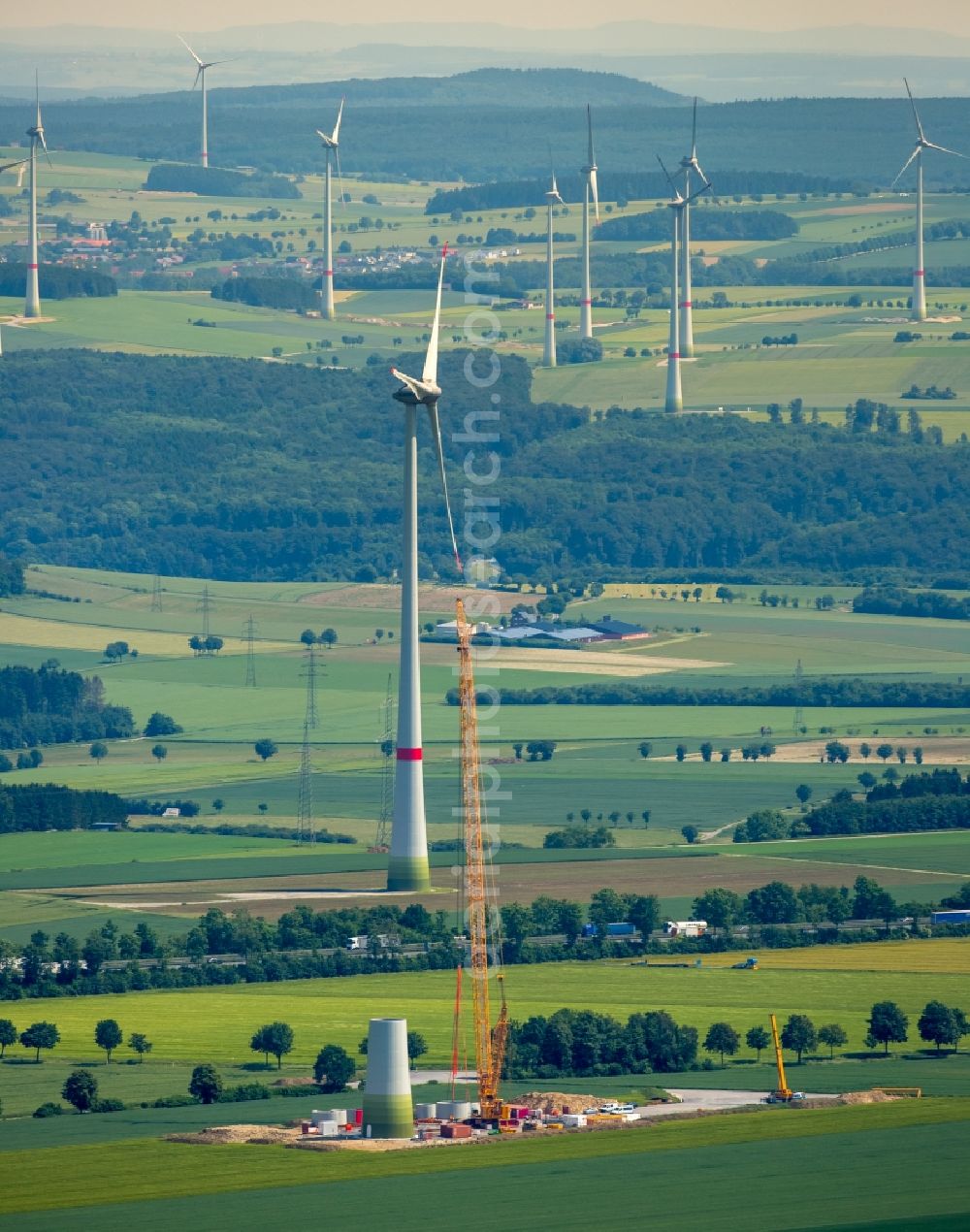 Aerial image Bad Wünnenberg - Wind turbine windmills on a field in Bad Wuennenberg in the state North Rhine-Westphalia