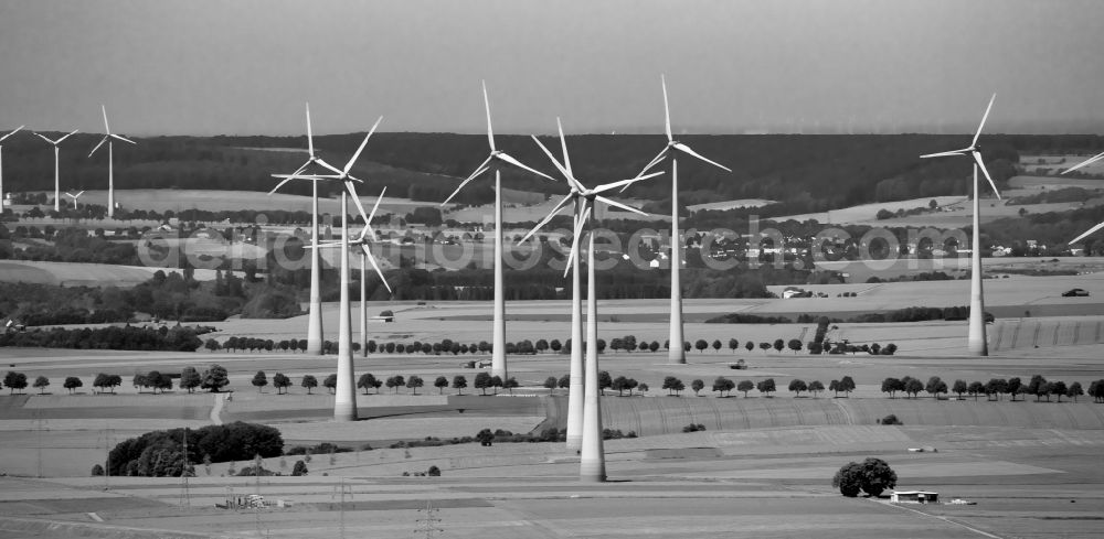 Bad Wünnenberg from above - Wind turbine windmills on a field in Bad Wuennenberg in the state North Rhine-Westphalia