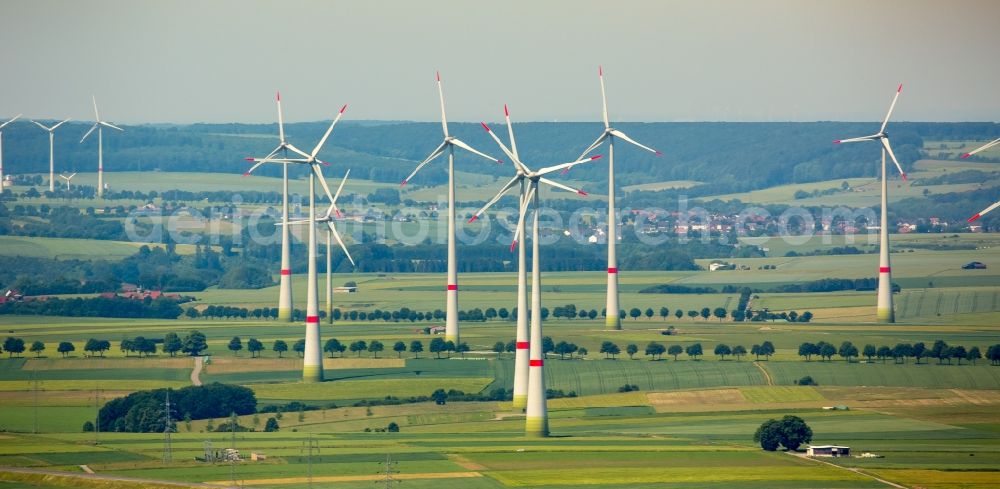 Bad Wünnenberg from the bird's eye view: Wind turbine windmills on a field in Bad Wuennenberg in the state North Rhine-Westphalia