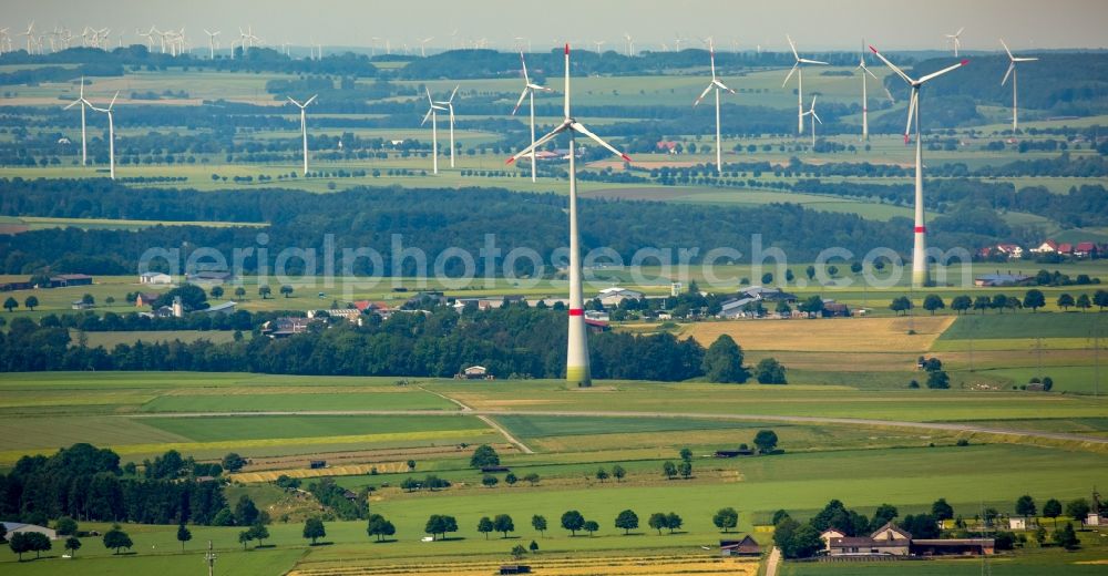 Aerial image Bad Wünnenberg - Wind turbine windmills on a field in Bad Wuennenberg in the state North Rhine-Westphalia