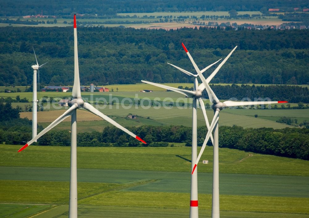 Bad Wünnenberg from the bird's eye view: Wind turbine windmills on a field in Bad Wuennenberg in the state North Rhine-Westphalia