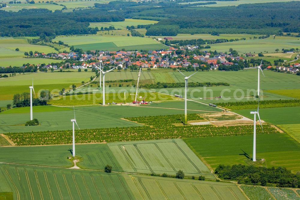 Aerial image Belecke - Wind turbine windmills on a field in Belecke in the state North Rhine-Westphalia