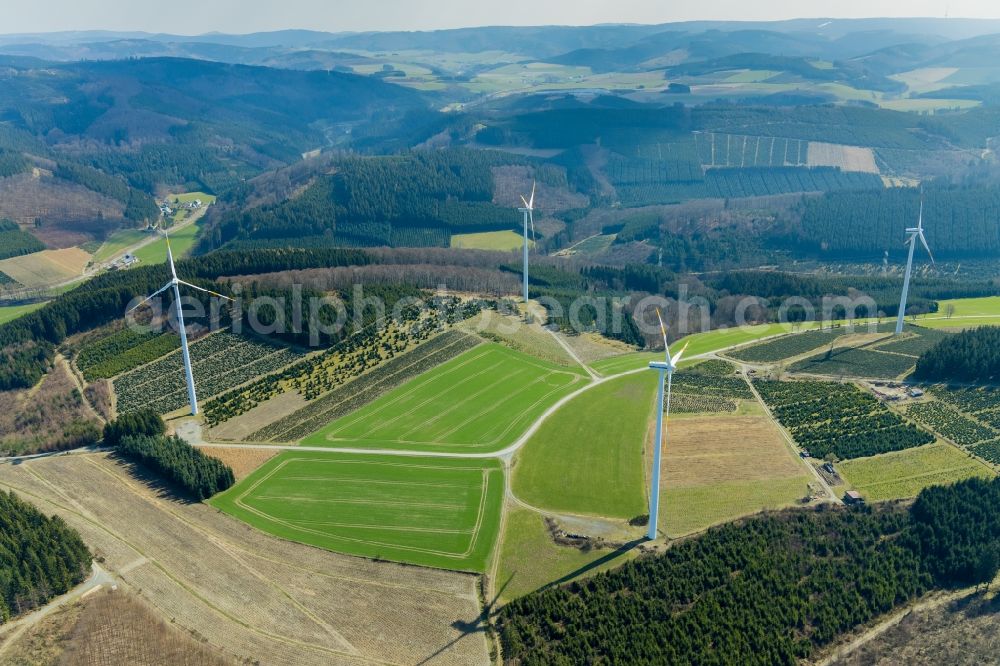 Bonacker from the bird's eye view: Wind turbine windmills on a field in Bonacker in the state North Rhine-Westphalia, Germany