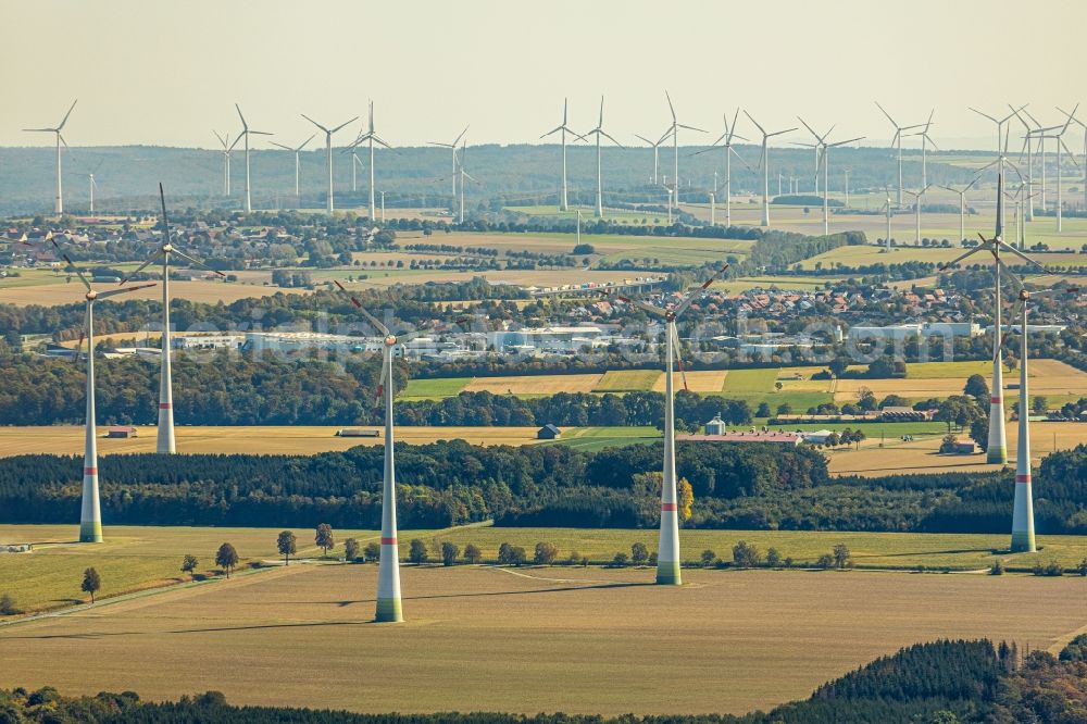 Aerial image Büren - Wind turbine windmills on a field in Bueren in the state North Rhine-Westphalia, Germany