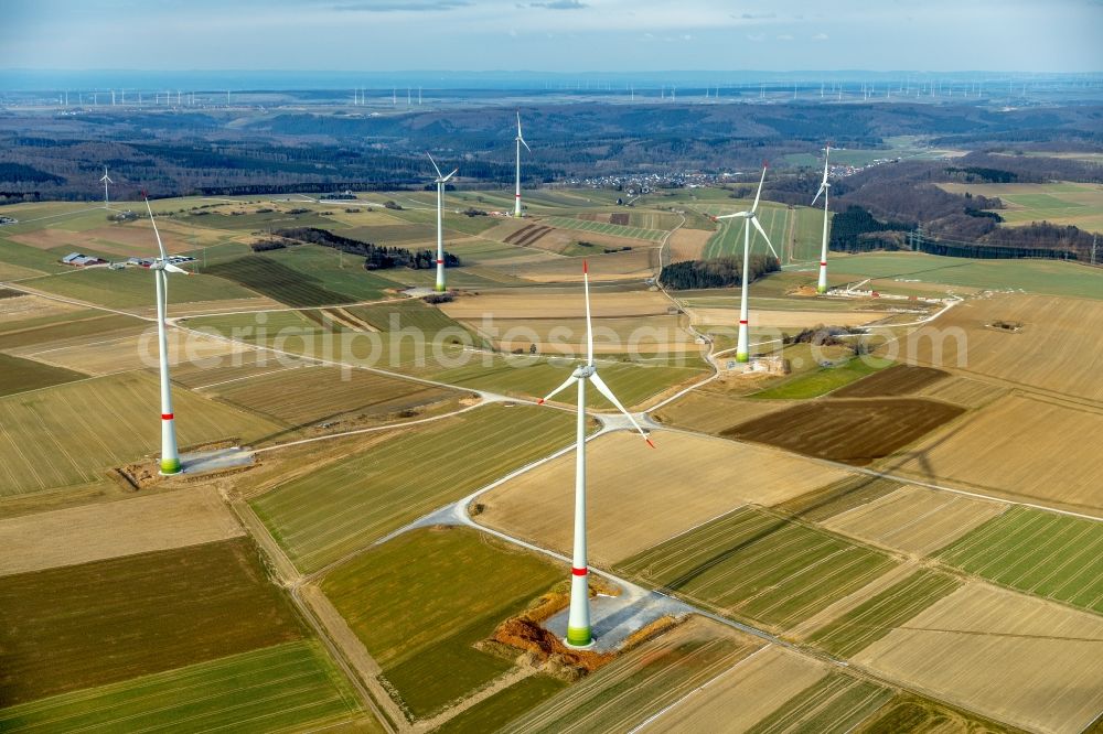 Aerial photograph Brilon - Wind turbine windmills on a field in Brilon in the state North Rhine-Westphalia, Germany