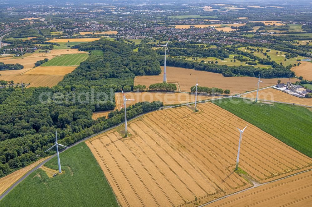 Castrop-Rauxel from the bird's eye view: Wind turbine windmills on a field in the district Mengede in Castrop-Rauxel in the state North Rhine-Westphalia, Germany