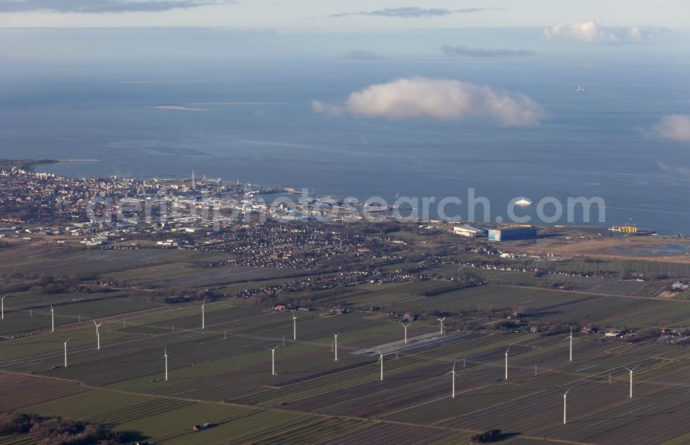 Aerial image Cuxhaven - Wind turbine generators (WTG) - windmill - on a field in Cuxhaven in Lower Saxony