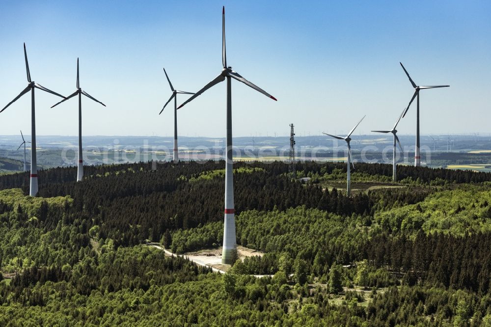 Daxweiler from the bird's eye view: Wind turbine windmills on a field in Daxweiler in the state Rhineland-Palatinate, Germany