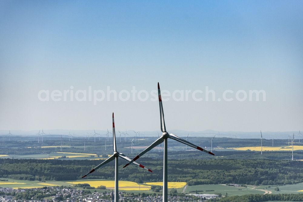 Daxweiler from above - Wind turbine windmills on a field in Daxweiler in the state Rhineland-Palatinate, Germany