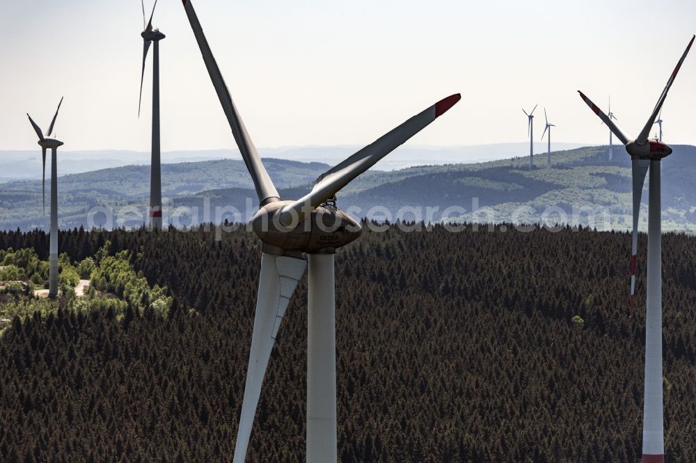 Daxweiler from the bird's eye view: Wind turbine windmills on a field in Daxweiler in the state Rhineland-Palatinate, Germany