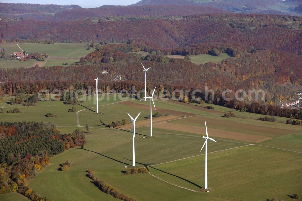 Aerial image Deggingen - Wind turbine windmills on a field in Deggingen in the state Baden-Wuerttemberg